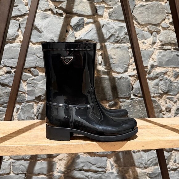 Prada Shoes - Prada Black Enamel Triangle Mid-Calf Rain Boots